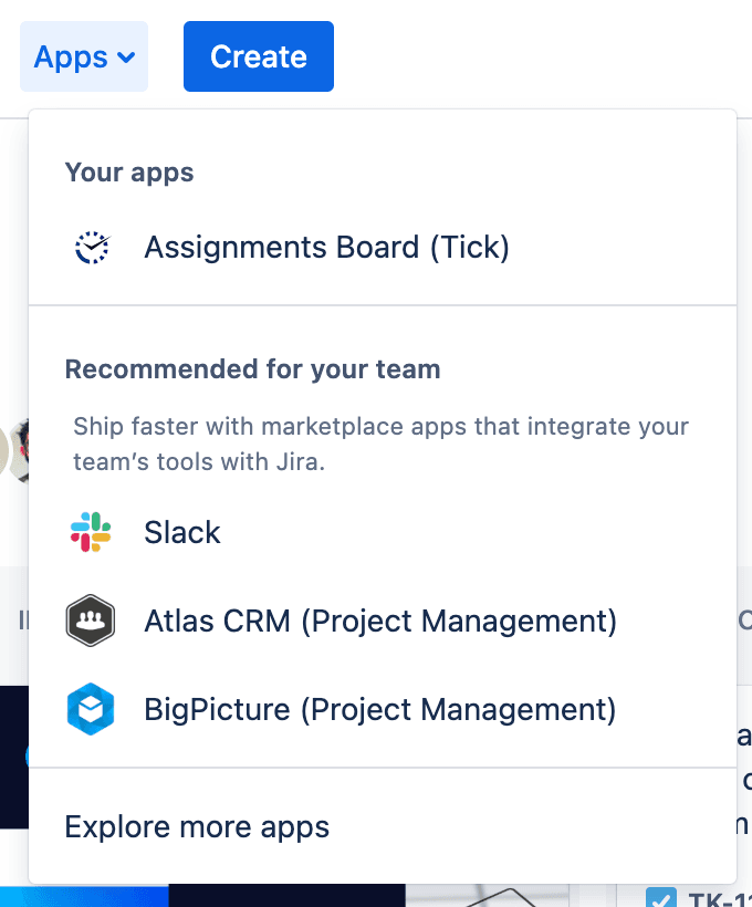 Assignments Board for Tick in Jira Apps Menu