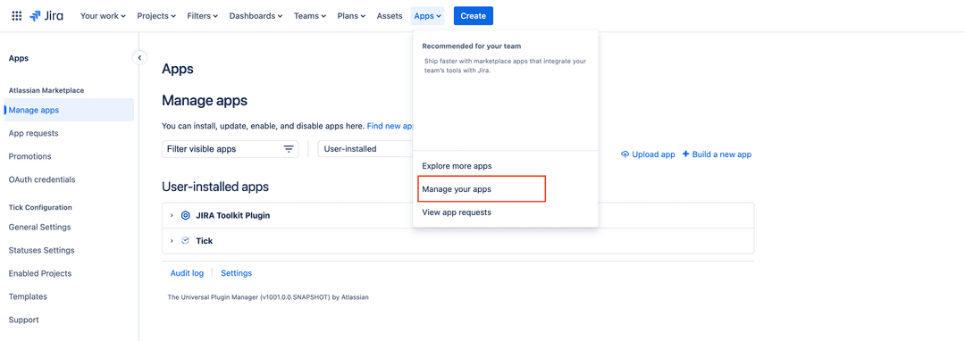 Navigation to manage my apps in Jira