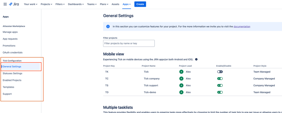 Navigation to Tick’s general settings in Jira