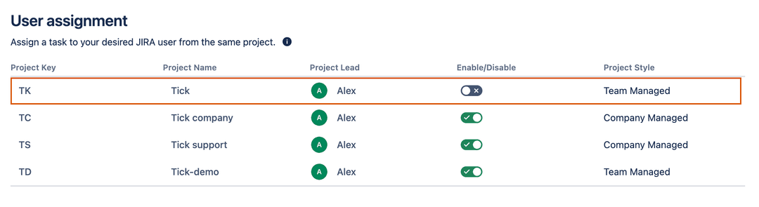 Disable user assignment for a specific project