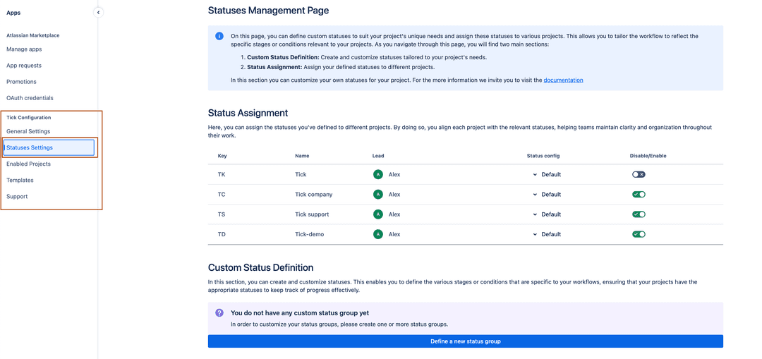 Navigation to Tick’s statuses settings in Jira