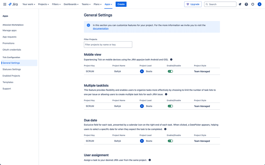 Tick Admin General Settings page in English