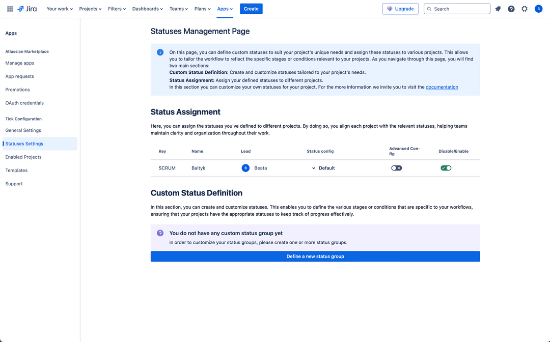 Tick Admin Statuses page in English