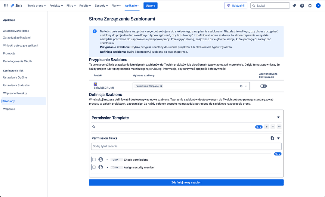 Tick Admin Templates page in Polish