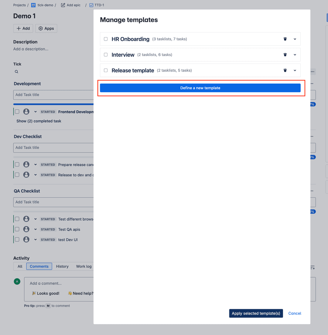 Tick checklist end user manage template popup add new template button