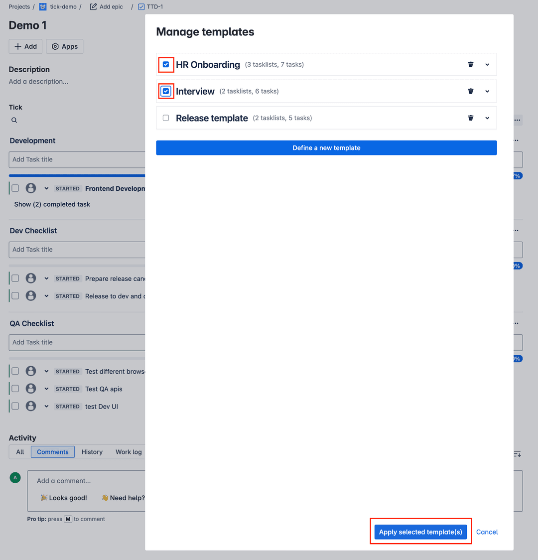 Tick checklist end user manage template popup apply templates