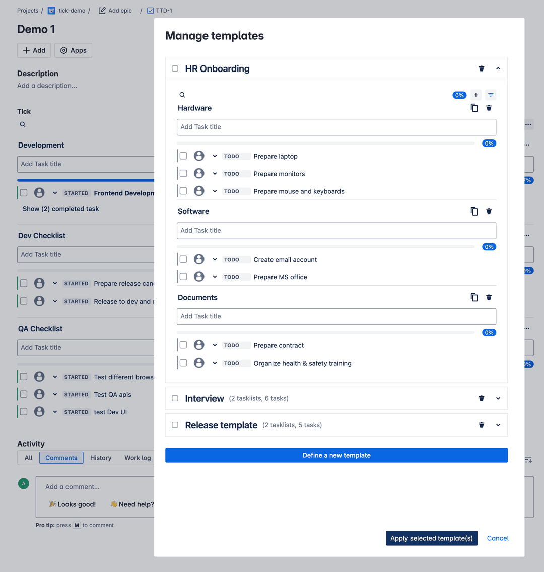 Tick checklist end user manage template popup(templates expanded)
