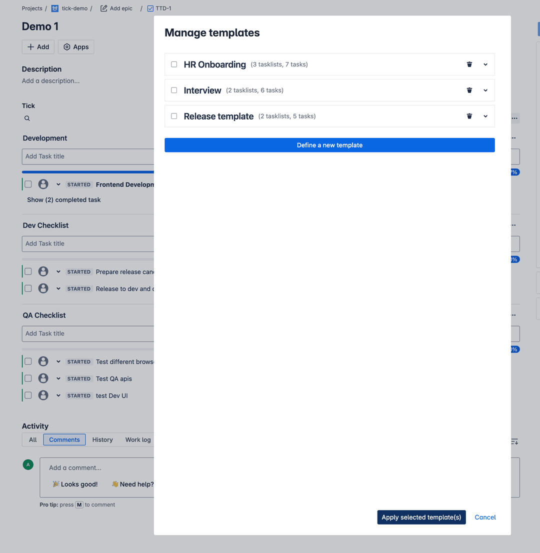 Tick checklist end user manage template popup