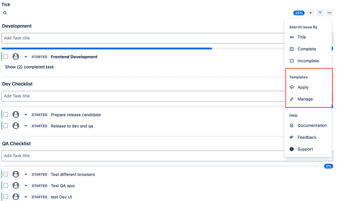 Tick checklist end user manage template menu
