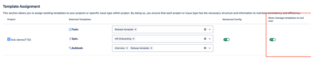 Tick checklist admin config to enable/disable manage template for end user