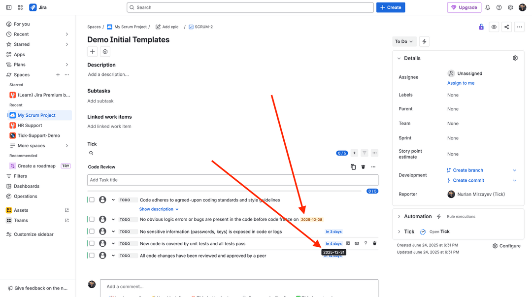 Checklist with dates