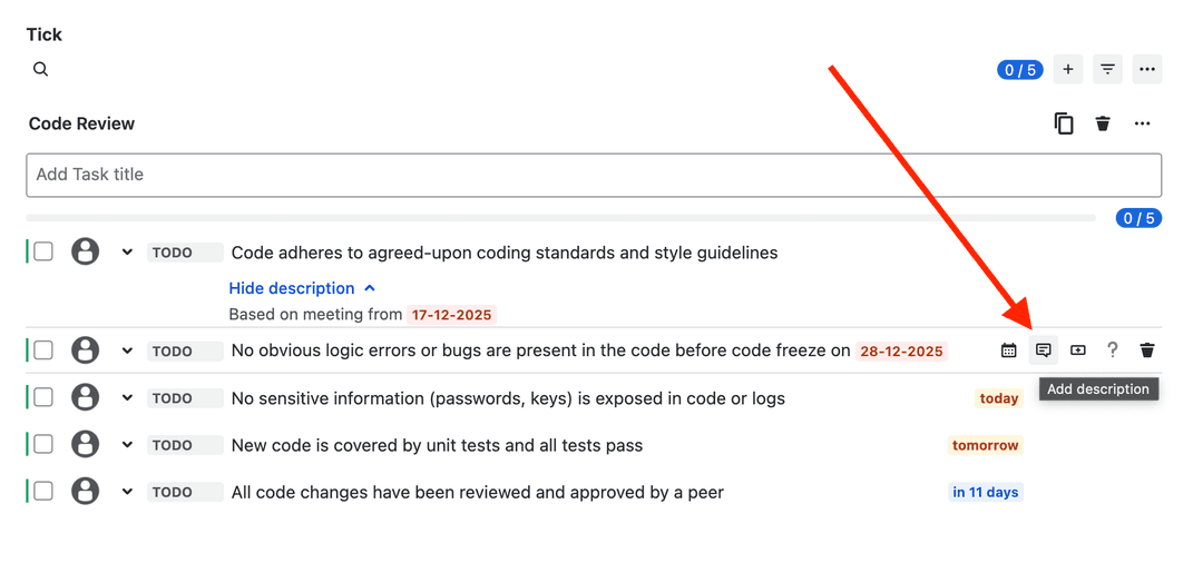 Add description button for each task in checklist