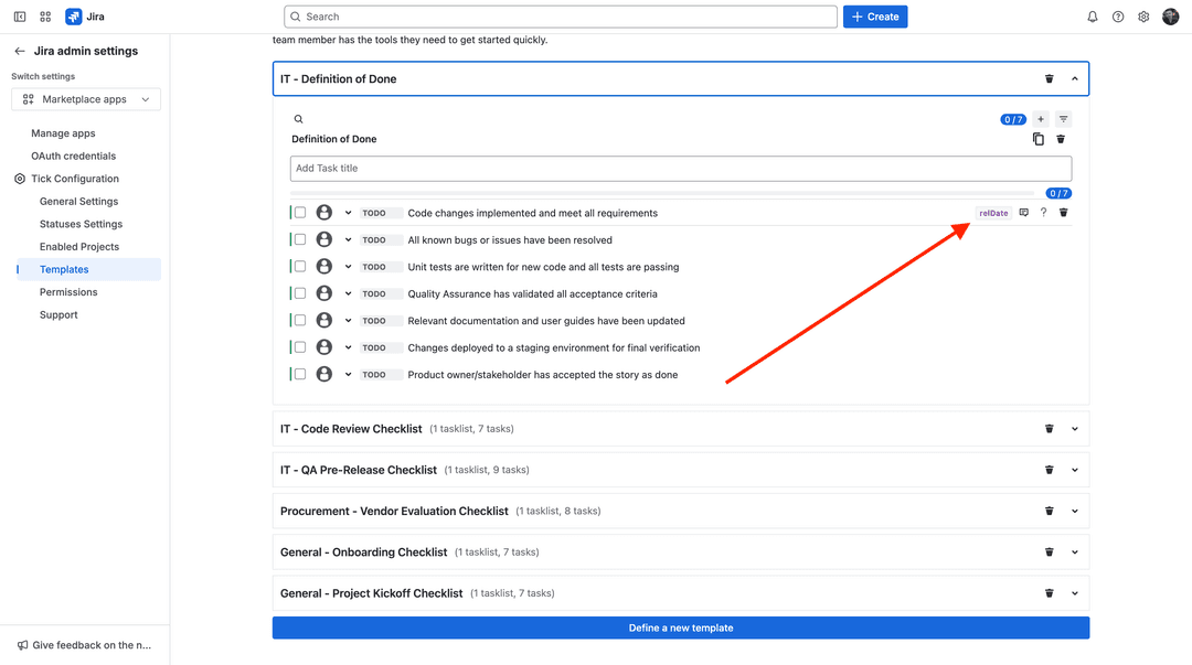 Tick admin dashboard for templates with relative date
