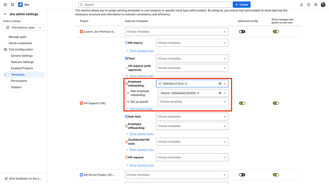 Assigned templates for request type and issue type