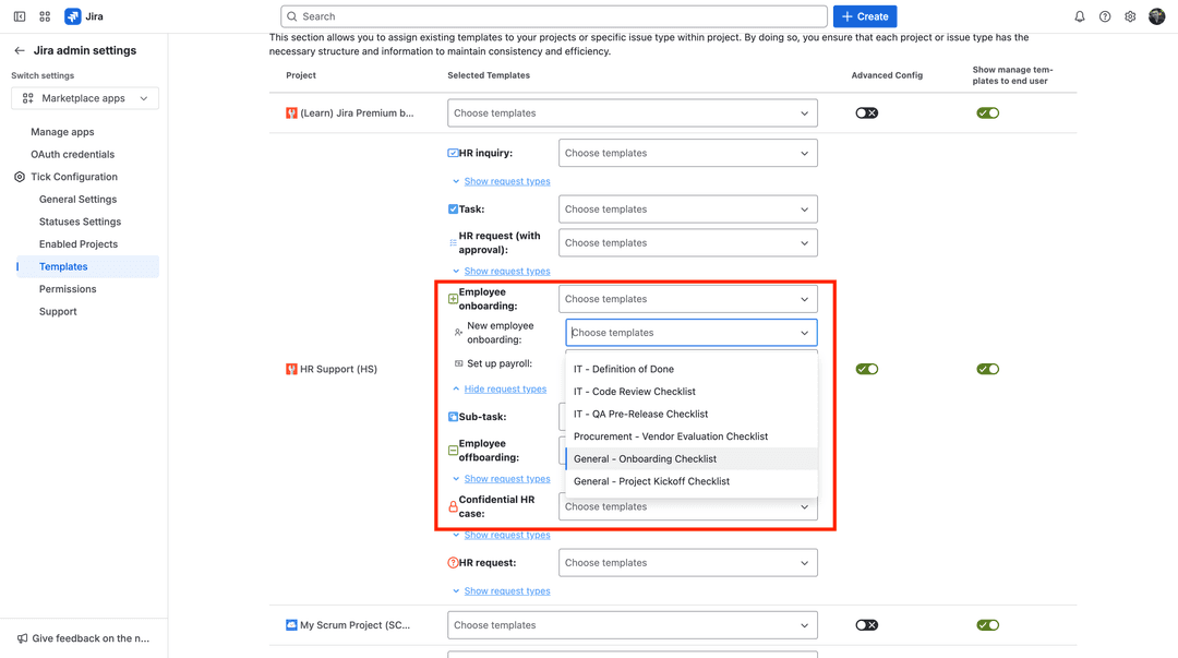 Assigning template for request type
