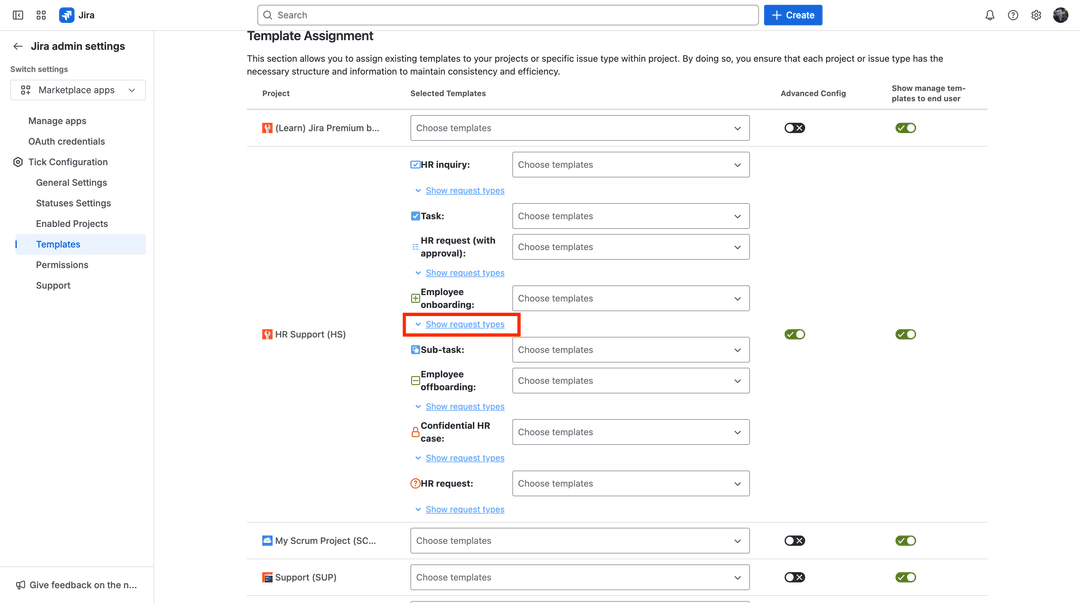 Show request types for templates