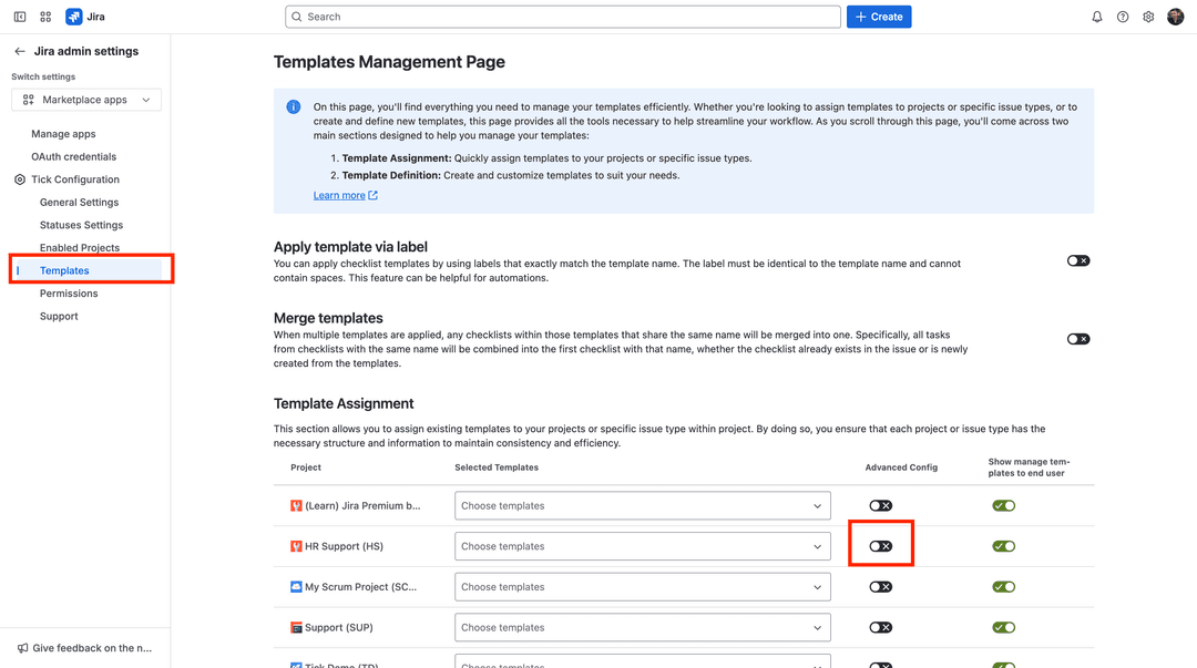 Tick templates configuration