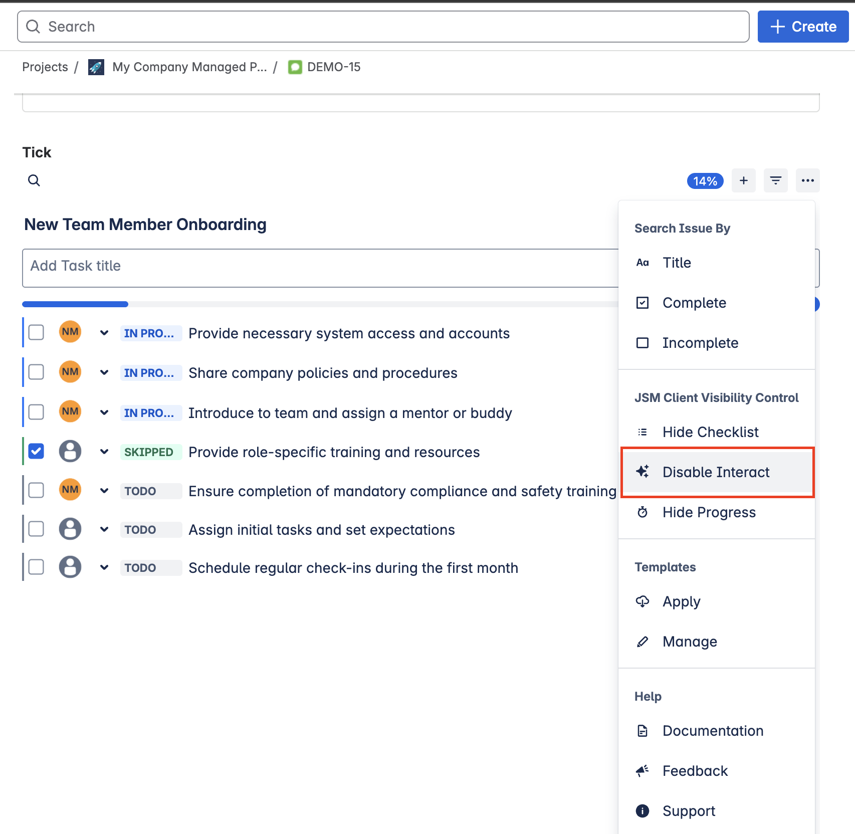 Tick Jira JSM interact mode disabling by agent