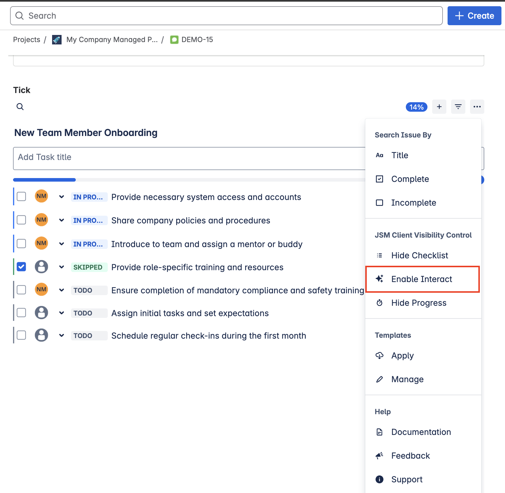 Tick Jira JSM interact mode enabling by agent