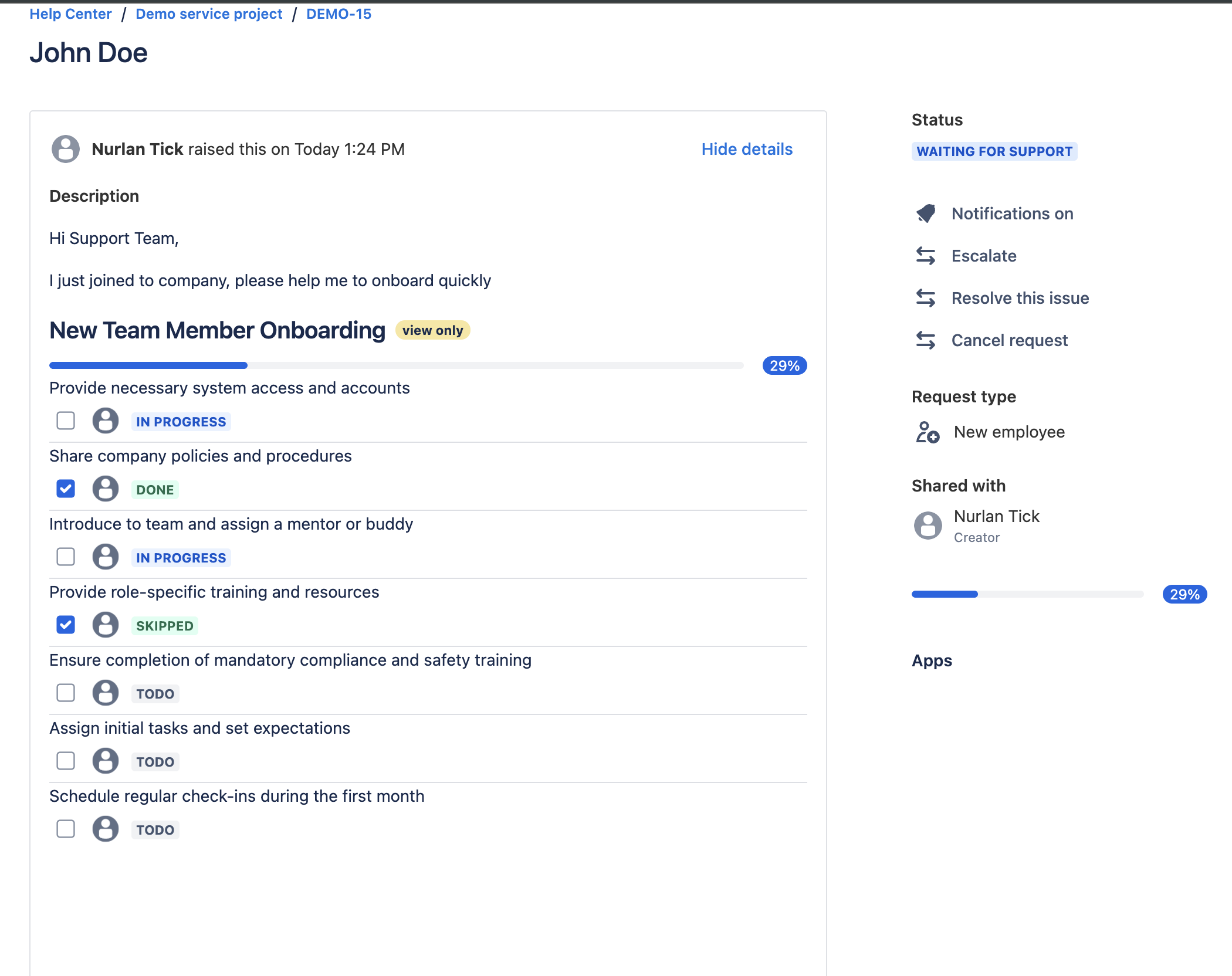 Tick Jira JSM interact mode disabled by agent - end-user view