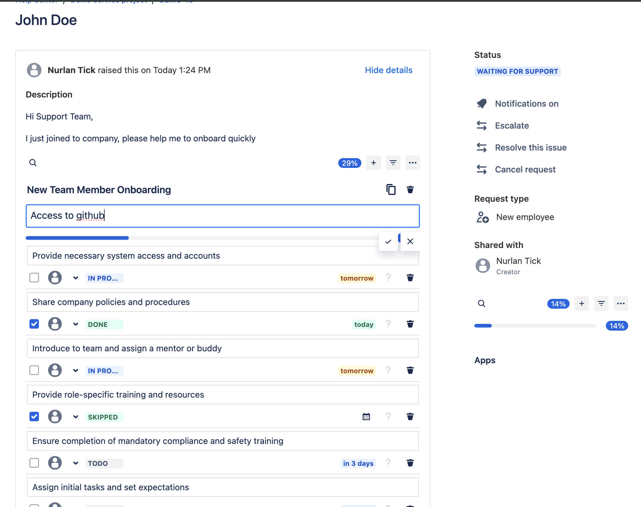 Tick Jira JSM interact mode enabled by agent - end-user view