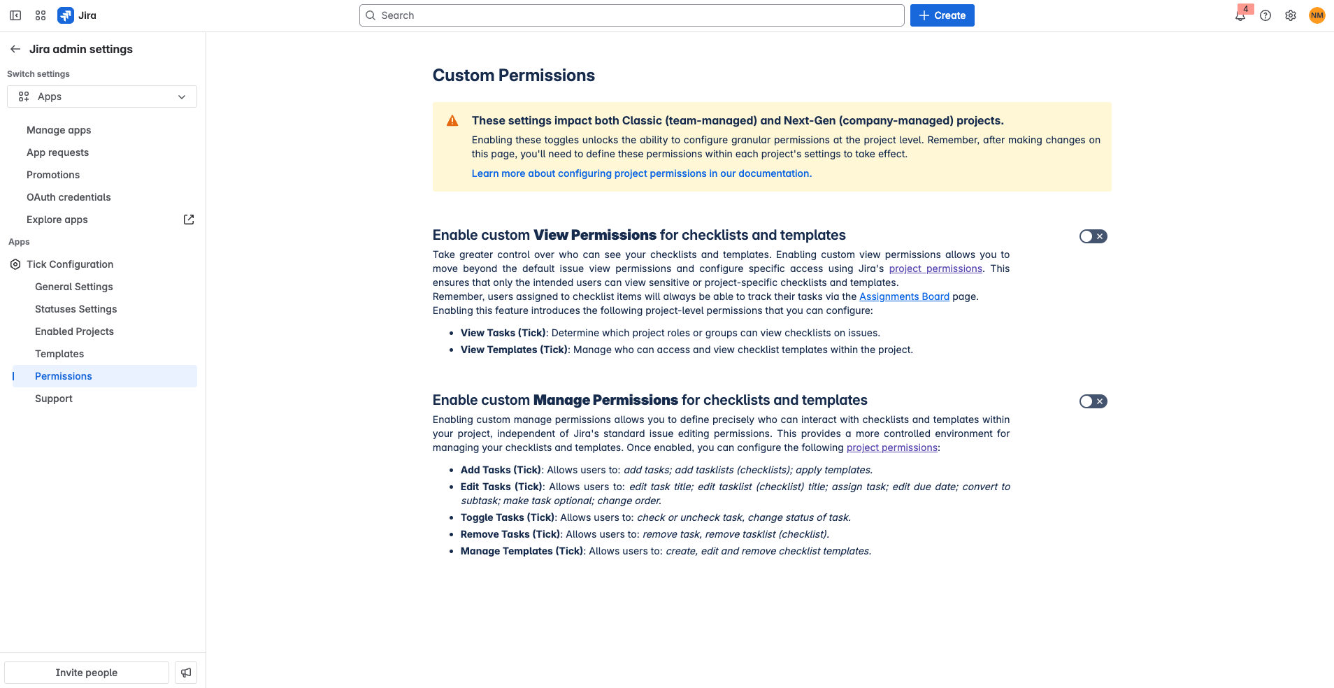 Tick admin page - permissions