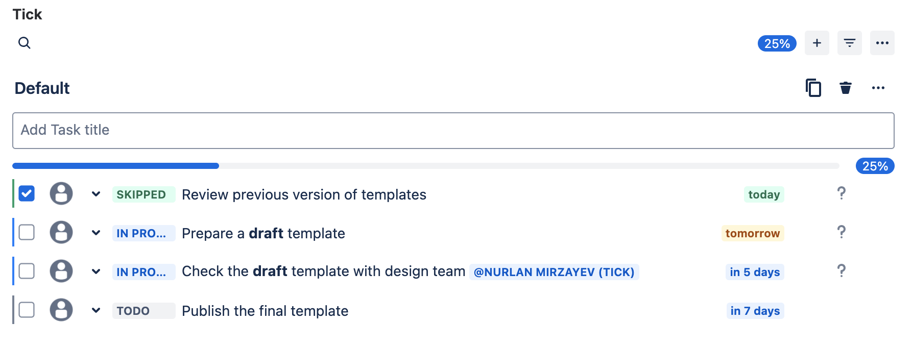 Tick optional tasks - sample team managed checklist with optional tasks